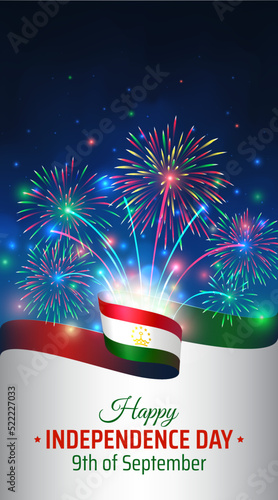 Tablou canvas September 9, tajikistan independence day, vector template with tajik flag and colorful fireworks on blue night sky background