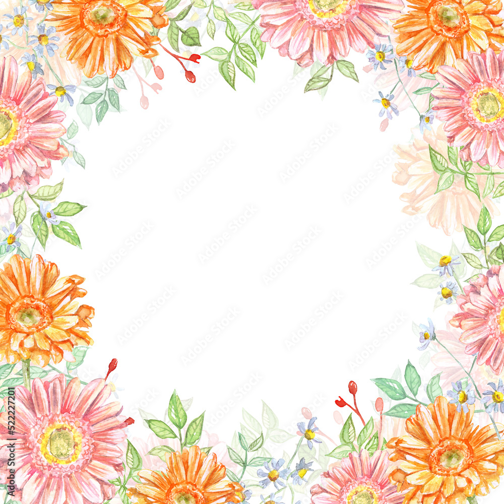 Watercolor beautiful floral frame with orange and pink chrysanthemums and chamomile. Artwork for greeting card, wedding, postcard, prints, invitations, floral shops, promotion, birthday.