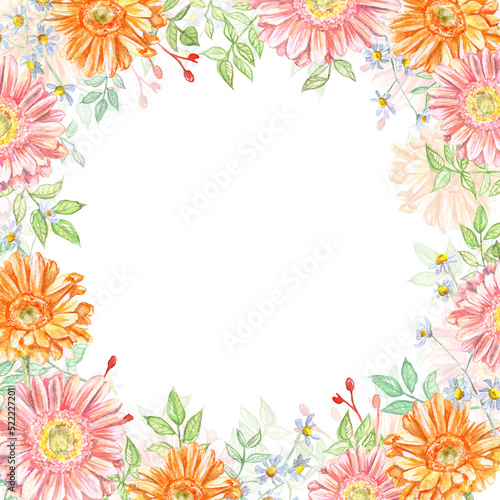 Watercolor beautiful floral frame with orange and pink chrysanthemums and chamomile. Artwork for greeting card, wedding, postcard, prints, invitations, floral shops, promotion, birthday.