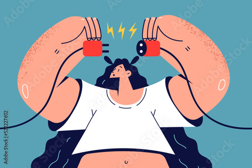 Woman connect electric plug into pocket