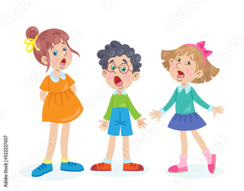 Children sing a song. Two little girls and one boy stand together. In cartoon style. Isolated on white background. Vector flat illustration.
