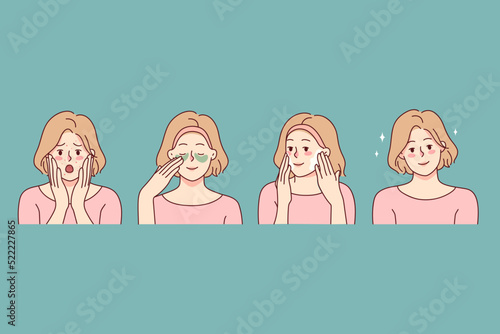 Woman with acne try new beauty product see excellent skin results. Girl before and after skincare treatment. Cosmetology and dermatology. Vector illustration. 