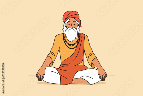 Old man in traditional clothes sitting in lotus position meditating. Elderly male yogi practice yoga. Culture and tradition. Vector illustration. 