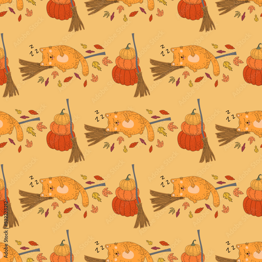 Seamless pattern with cats. Pattern with pumpkins. Halloween, flowers, cat, autumn, leaves. Seamless pattern with cats. Pattern with pumpkins. Halloween, flowers, cat, autumn, leaves.