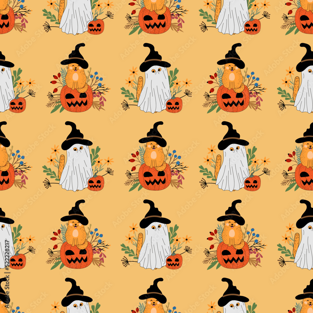 Obraz premium Seamless pattern with cats. Pattern with pumpkins. Halloween, flowers, cat, autumn, leaves.