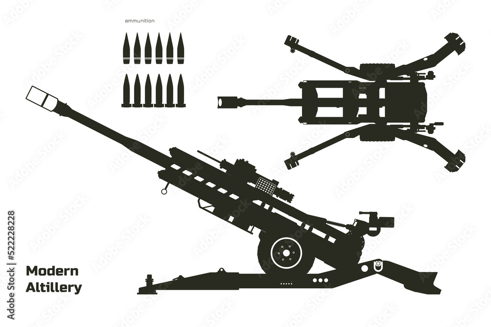 Black silhouette of modern artillery. Isolated cannon blueprint. Top, side view of military weapon. Industrial drawing of army gun with ammunition