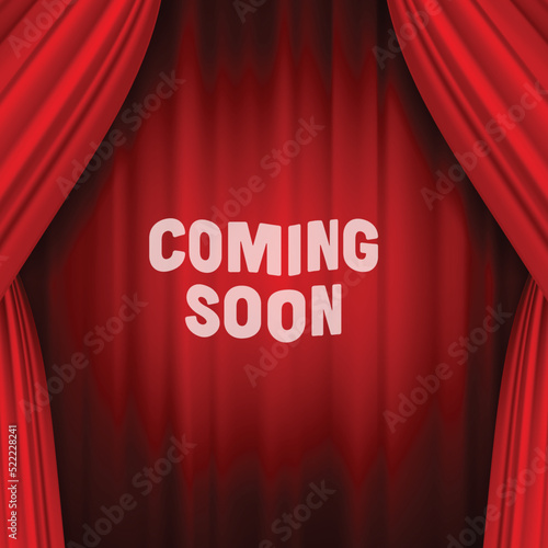 Curtain on stage. Red background with spotlight in theatre or cinema. Red closed velvet curtain for circus, theatre, scene and club. coming soon - Vector illustration