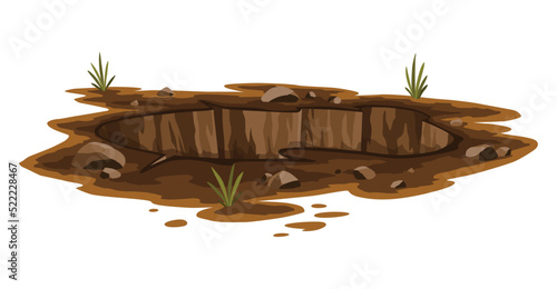Hole ground. Entrance underground, big crack or ruin. Dirty, dark entrance, detailed drawing in cartoon style. Ground hole, deep pit with grass and stones. Cartoon den of wild animal