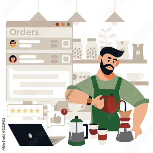 Man Making a Homemade Coffee and Checking the Order Online