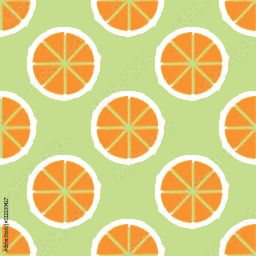 Orange seamless pattern. Orange slices repeating on green background. Design for fabric, print, cover, card, textile. Vectorillustration.
