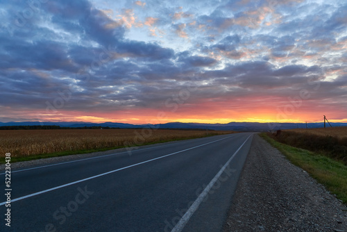 Asphalt road in motion with trees against a night sky with bright sunset