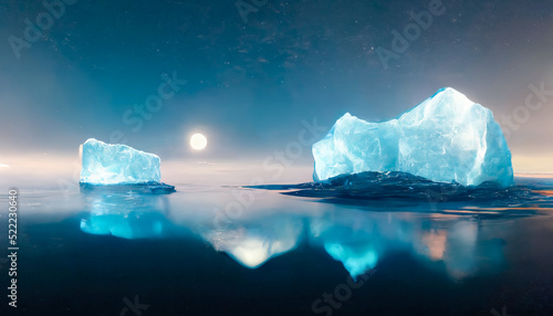 Winter landscape with glaciers. neon light. Blocks of ice on the water in Antarctica. Beautiful winter snow background. 3D illustration. © Terablete