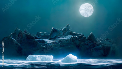 Winter landscape with glaciers. neon light. Blocks of ice on the water in Antarctica. Beautiful winter snow background. 3D illustration.