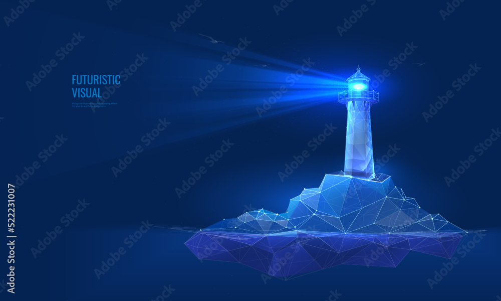 Lighthouse on the seashore in digital futuristic style. Light effect as a guide to the sea. Night landscape of rocky coast with building, vector illustration - obrazy, fototapety, plakaty 