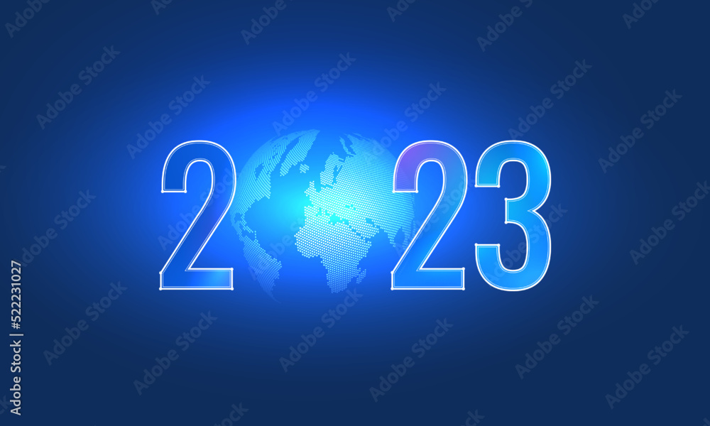 2023 digital futuristic illustration. Text of the new year on the background of the world map. Neon glowing poster on a dark night background 2023 digital futuristic illustration. Text of the new year on the background of the world map. Neon glowing poster on a dark night background