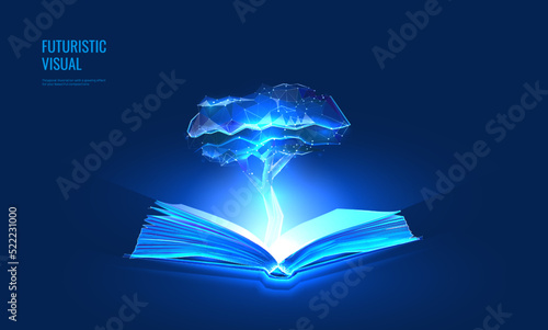 Knowledge of books concept in digital futuristic style. The tree grows from the book the concept of the environment or laws. Vector illustration on a dark night background with light neon effect