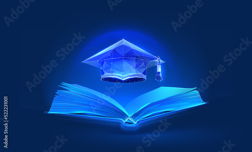 Learn online in digital futuristic style. Graduation cap silhouette with book, online higher education concept. Vector illustration e-education concept on dark night background