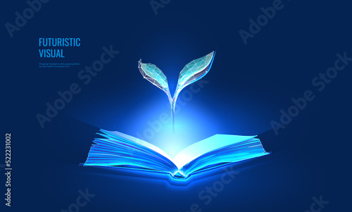 Knowledge of books concept in digital futuristic style. The sprout grows from the book the concept of wisdom. Vector illustration on dark night background with light neon effect