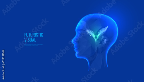 Growth mindset in digital futuristic style. Plant sprout against the background of a human head, the concept of mental health, learning, knowledge. Vector illustration on dark night background 