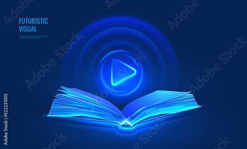 Digital learning concept in digital futuristic style. Book and player with light effect, audiobook and e-education concept. Vector illustration on a dark night background