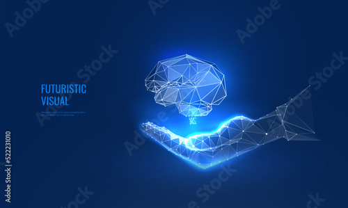 Brain diseases in digital futuristic style. The hand holds the brain, the concept of neurological diseases or artificial intelligence. Wireframe vector illustration on dark night background