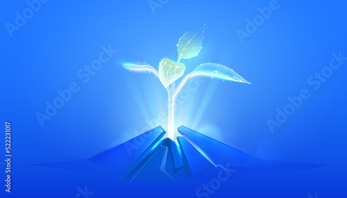 Plant growth in digital futuristic style. Young growth breaks through the ground, the concept of strength and indestructibility. Wireframe vector illustration on dark night background with light effec