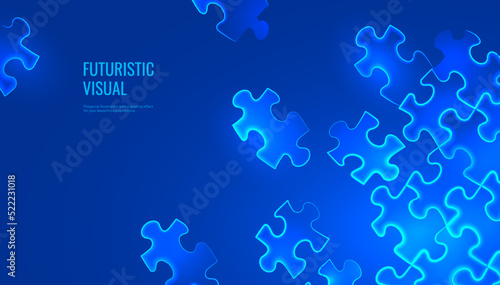 Puzzle background in digital futuristic style. The silhouettes of the puzzle pieces are combined into a pattern. Vector illustration on a blue background.