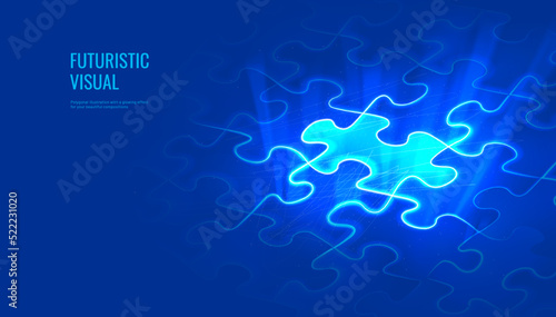 Puzzle in a digital futuristic style. Leadership concept, a piece of the puzzle is highlighted. Vector illustration on a dark night background with light effect.