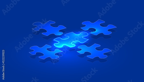 Puzzle in a digital futuristic style. Leadership concept, a piece of the puzzle is highlighted. Vector illustration on a dark night background with light effect.