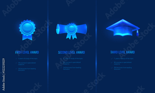 Achievement or level icon in digital futuristic style. Success rate or pricing plan for training. Vector illustration on dark night background with light neon effect