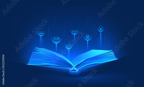 Learn online book in digital futuristic style. Infographics and book, the concept of new technologies in e-education. Vector illustration on a dark night background