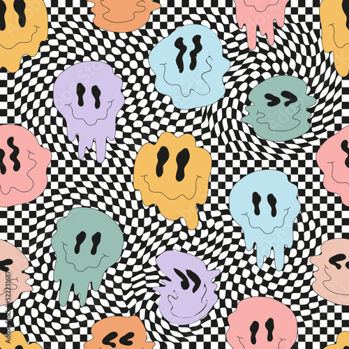 Retro 70s 60s Hippie Groovy Melting Smile Faces on checkerboard vector seamless pattern. Funny Halloween background. Meltdown emotional icons surface design.