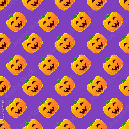Halloween pumpkin seamless pattern. Colorful halloween pumpkin lanterns on purple background. Halloween background with funny face pumpkin. Design for print wrapping paper, fabric. Vector illustration