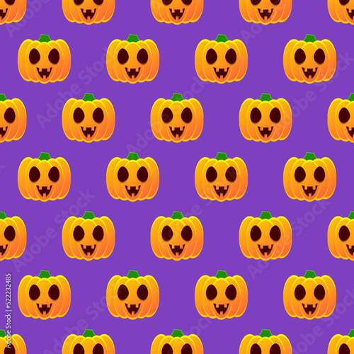 Halloween pumpkin seamless pattern. Colorful halloween pumpkin lanterns on purple background. Halloween background with funny face pumpkin. Design for print wrapping paper, fabric. Vector illustration