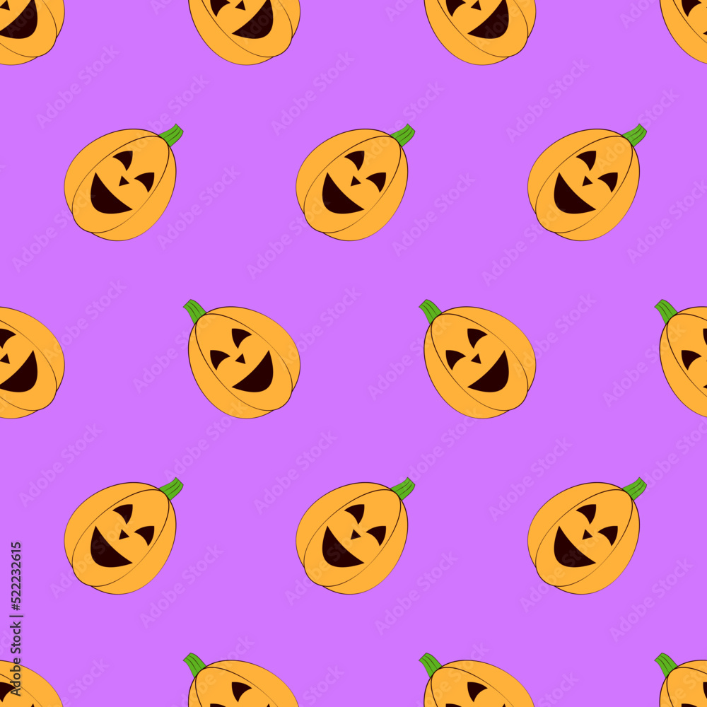 Halloween pumpkins seamless pattern. Halloween pumpkin lanterns on purple background. Halloween background. Jack-o'-lantern. Design for print wrapping paper, fabric, wallpaper. Vector illustration Halloween pumpkins seamless pattern. Halloween pumpkin lanterns on purple background. Halloween background. Jack-o'-lantern. Design for print wrapping paper, fabric, wallpaper. Vector illustration