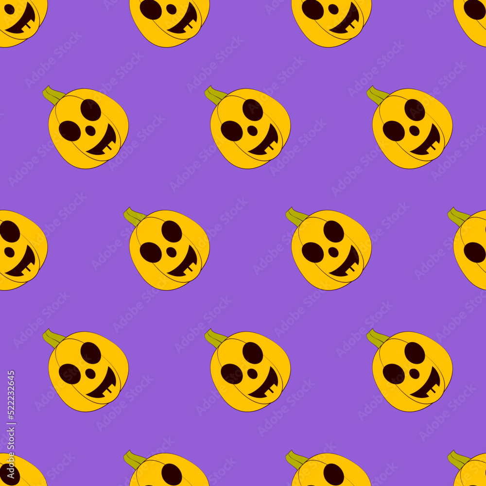 Halloween pumpkins seamless pattern. Halloween pumpkin lanterns on purple background. Halloween background. Jack-o'-lantern. Design for print wrapping paper, fabric, wallpaper. Vector illustration Halloween pumpkins seamless pattern. Halloween pumpkin lanterns on purple background. Halloween background. Jack-o'-lantern. Design for print wrapping paper, fabric, wallpaper. Vector illustration