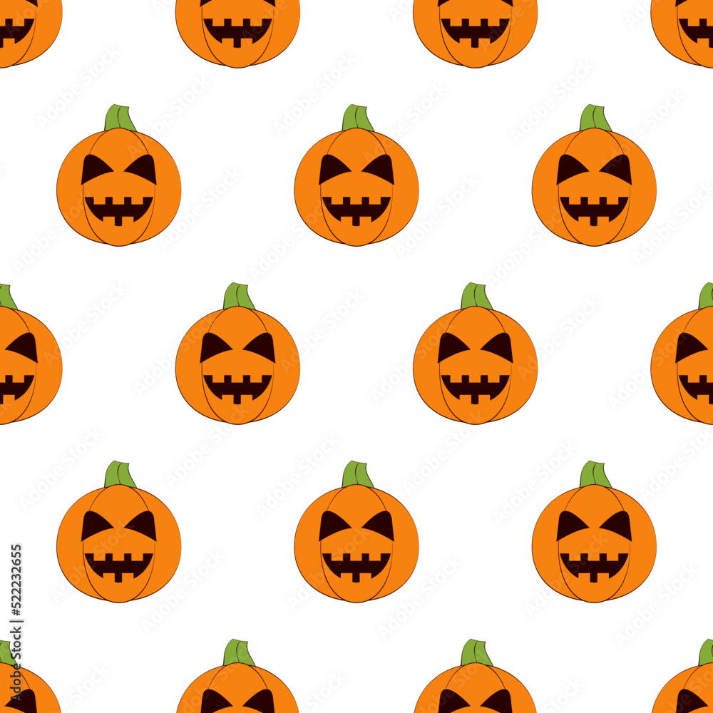 Halloween pumpkins seamless pattern. Halloween pumpkin lanterns on white background. Halloween background. Jack-o'-lantern. Design for print wrapping paper, fabric, wallpaper. Vector illustration Halloween pumpkins seamless pattern. Halloween pumpkin lanterns on white background. Halloween background. Jack-o'-lantern. Design for print wrapping paper, fabric, wallpaper. Vector illustration