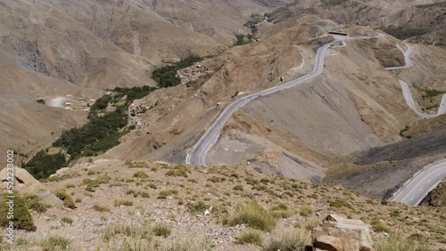 Panoramic view of the winding roads streets of the col of Tizi n'Tichka, High Atlas Mountains, Morocco. Newly repaired and widened road. 4k footage. 