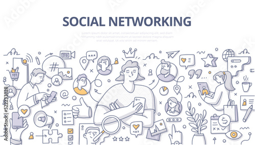 Social networking. Young woman using phone to connect with friends in social network. Concept of online communication in social media. Doodle vector illustration in linear style