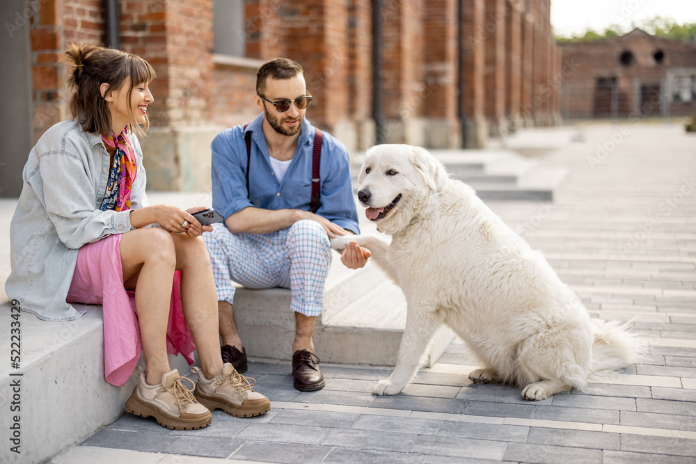 Young stylish couple sit together and have fun with their white dog on a street. Young hipsters hang out together near office outdoors Young stylish couple sit together and have fun with their white dog on a street. Young hipsters hang out together near office outdoors