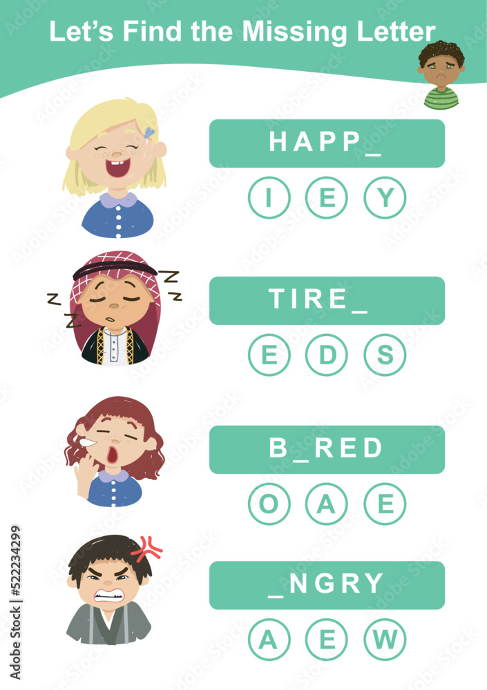 Find the missing letter worksheet. Educational spelling printable game worksheet. Vector illustration. Find the missing letter worksheet. Educational spelling printable game worksheet. Vector illustration.