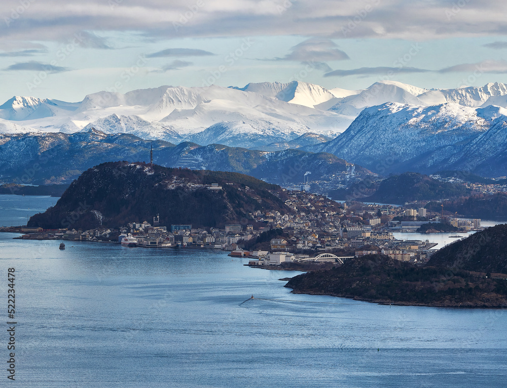 View towards Ålesund from Godøy mountain, Norway.