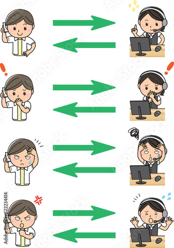 女性　男性　問い合わせ　事務　オペレーター　受付　接客　スマートフォン　パソコン　喜怒哀楽　上半身