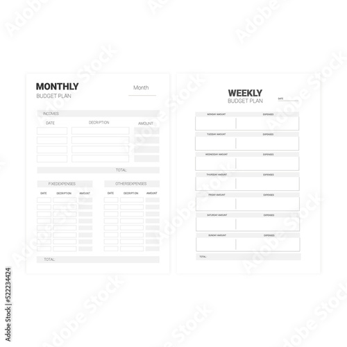 Monthly and weekly budget planner in monochrome theme 