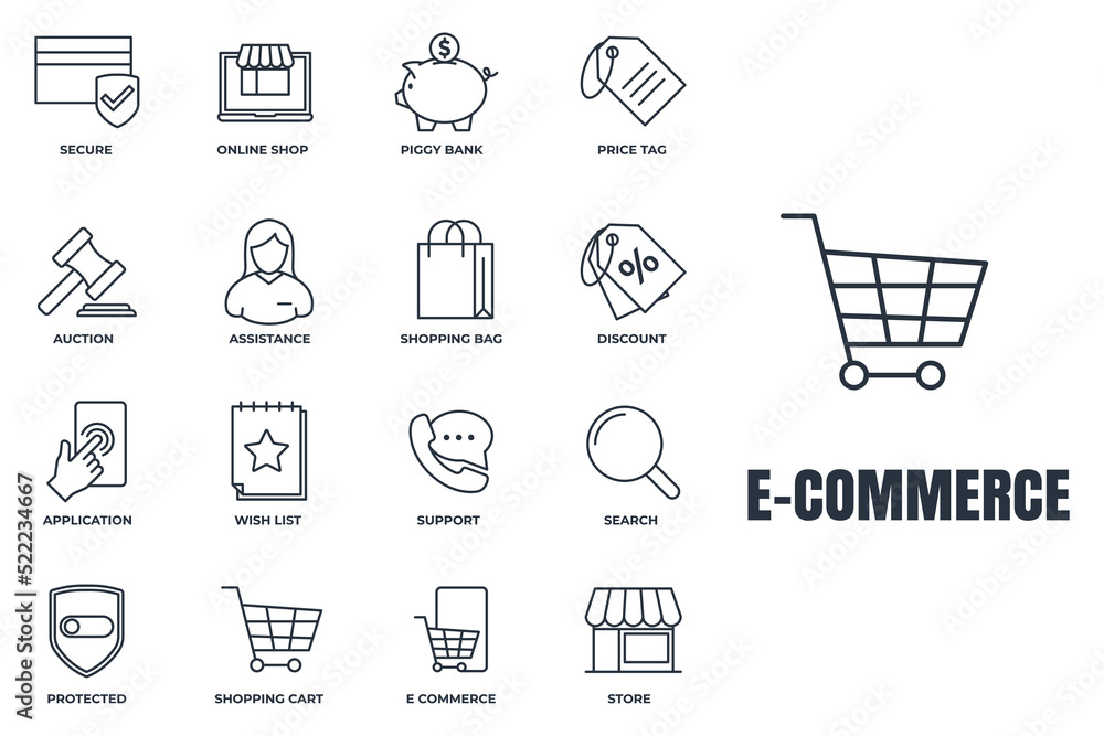 Set of E-commerce icon logo vector illustration. shopping cart, wish list, piggy bank, search, secure, protected shield and more pack symbol template for graphic and web design collection Set of E-commerce icon logo vector illustration. shopping cart, wish list, piggy bank, search, secure, protected shield and more pack symbol template for graphic and web design collection