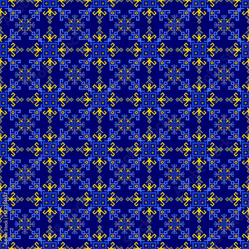 Ukrainian embroidery ethnic geometric seamless ornament vector graphic design. Vyshyvanka ukrainian embroidery folk seamless pattern in blue yellow black colors.
