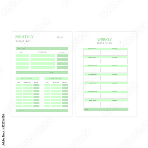 Monthly and weekly budget planner in the green color