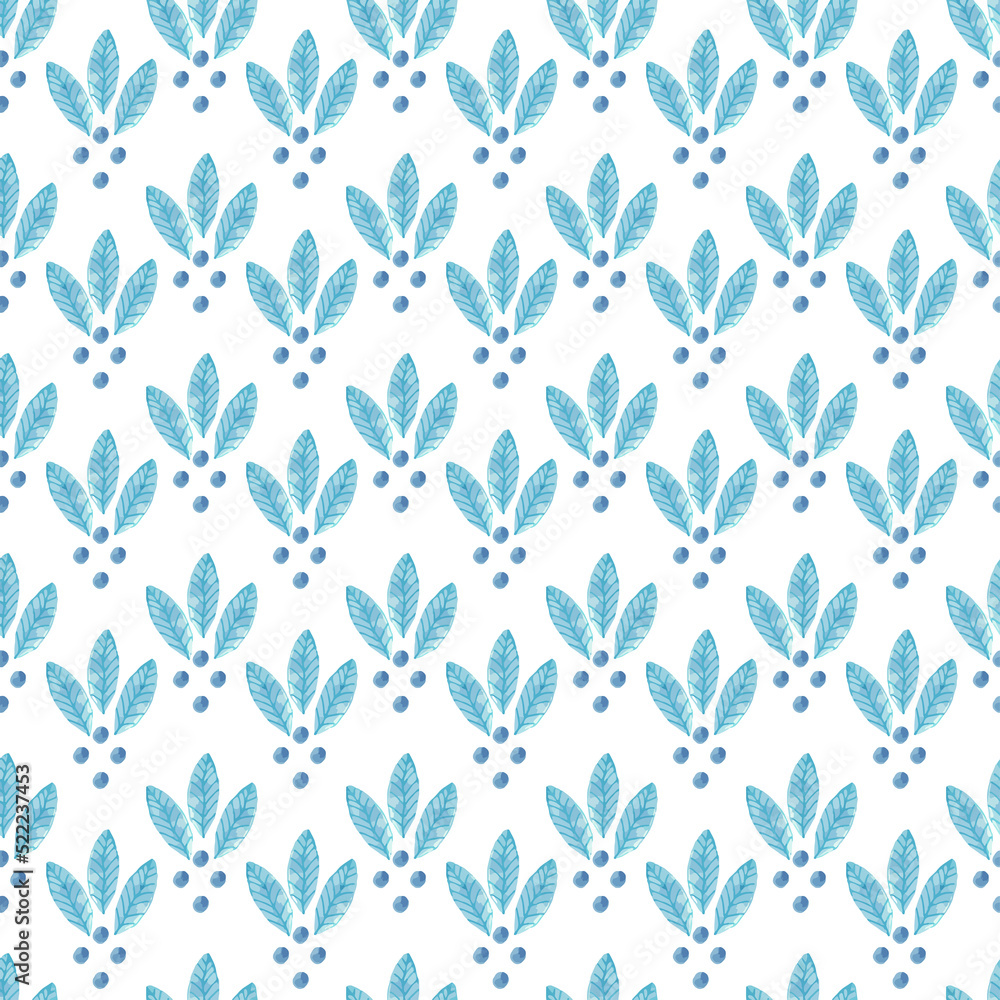 Fototapeta premium Seamless pattern with elegant blue leaves and dots, small blue leaves on a white background floral print
