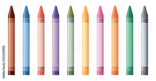 Set of vector colored wax crayons isolated on white background. School supplies, stationery, creativity, hobby, art tool.