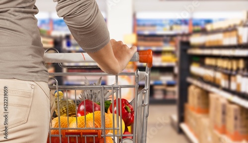 Woman doing grocery shopping at the supermarket, pushing a shopping cart